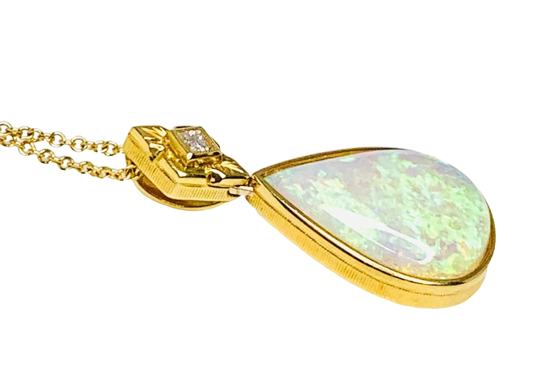 6.83 ct. Pear Shape Opal and Diamond Yellow Gold Bezel Set Drop Pendant