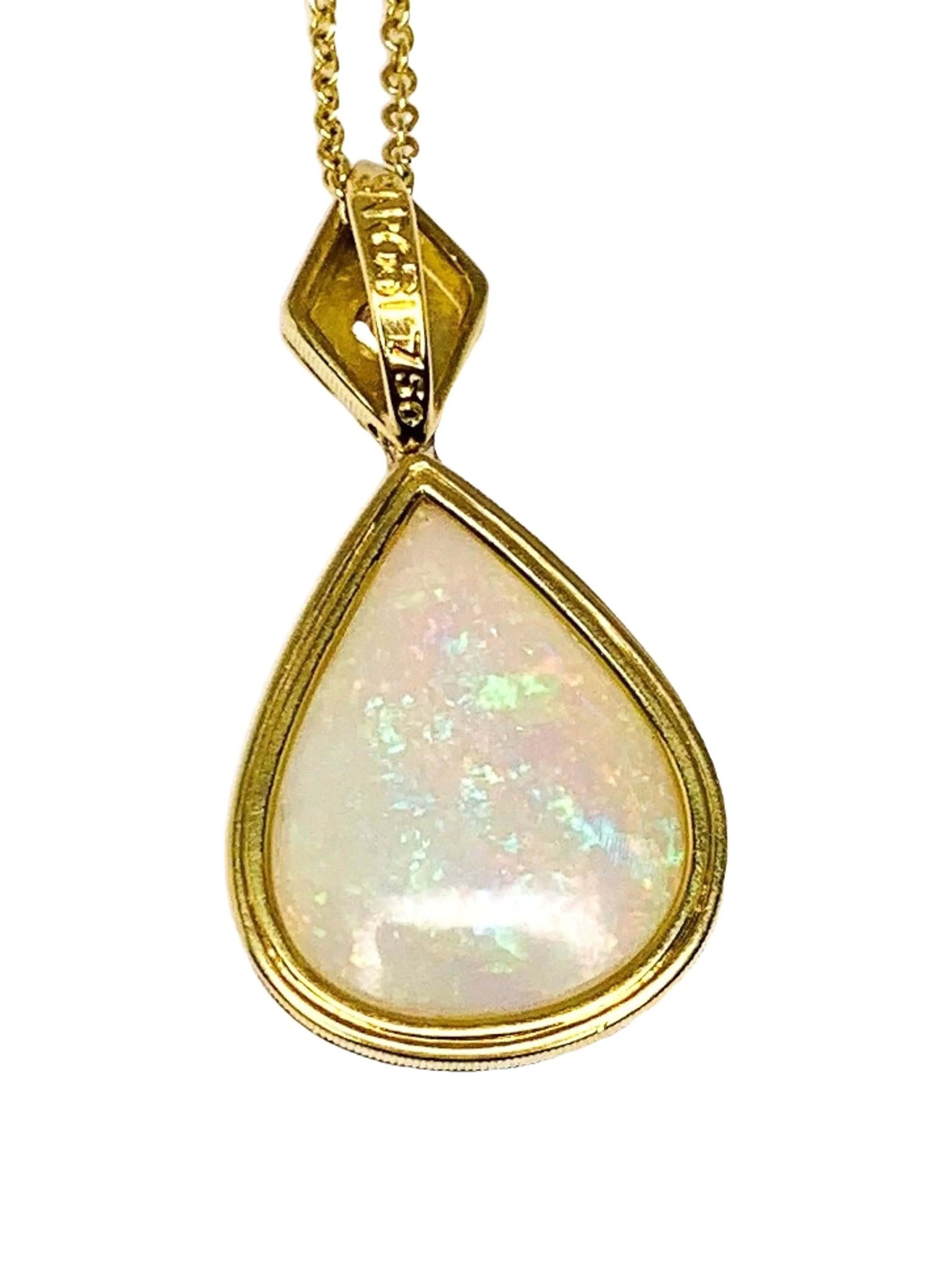6.83 ct. Pear Shape Opal and Diamond Yellow Gold Bezel Set Drop Pendant