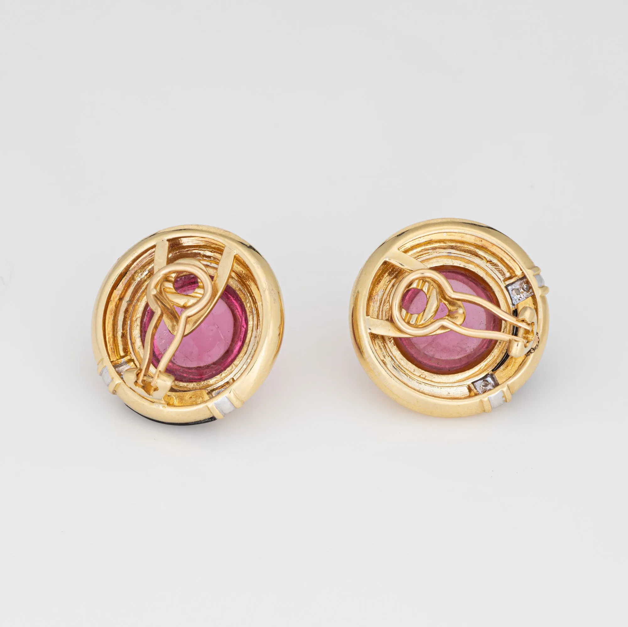 80s Pink Tourmaline Onyx Diamond Earrings Vintage 18k Gold Round Fine Jewelry