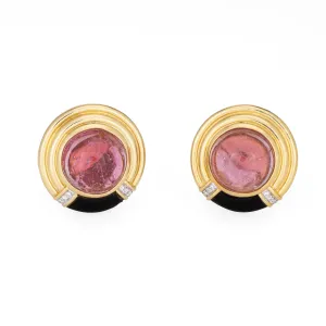 80s Pink Tourmaline Onyx Diamond Earrings Vintage 18k Gold Round Fine Jewelry