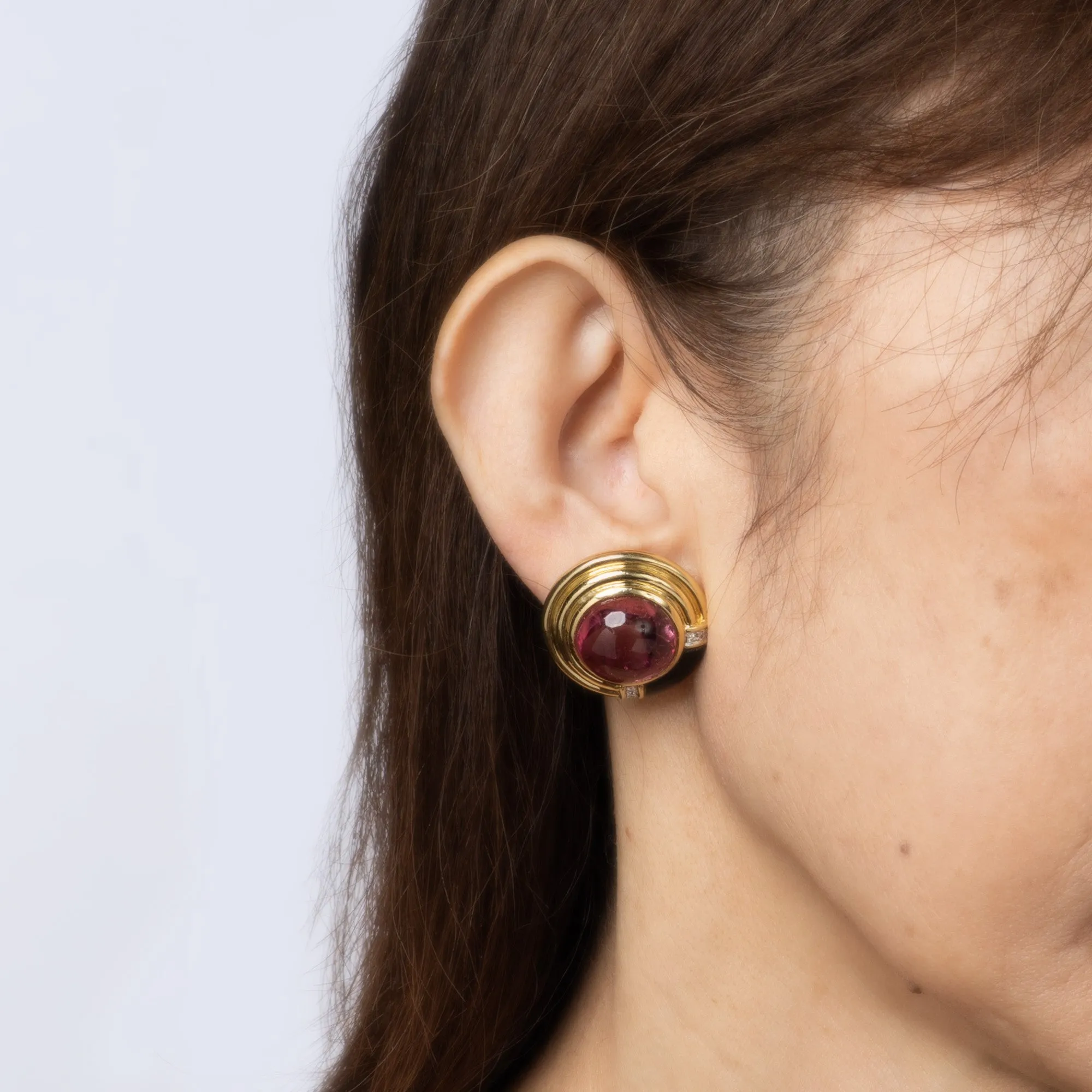 80s Pink Tourmaline Onyx Diamond Earrings Vintage 18k Gold Round Fine Jewelry