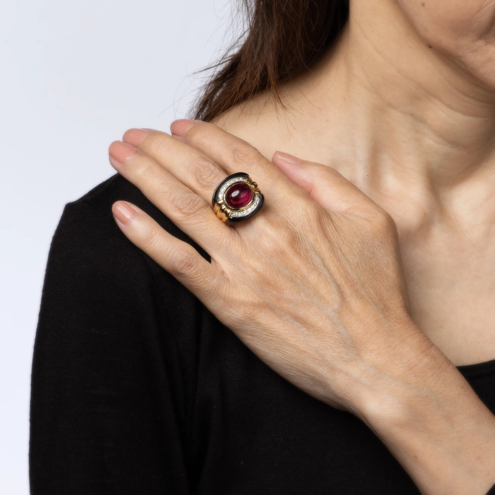 80s Pink Tourmaline Onyx Diamond Ring Sz 7.5 Vintage 18k Gold Fine Jewelry