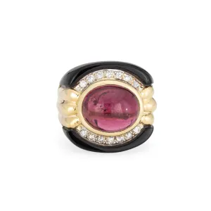80s Pink Tourmaline Onyx Diamond Ring Sz 7.5 Vintage 18k Gold Fine Jewelry
