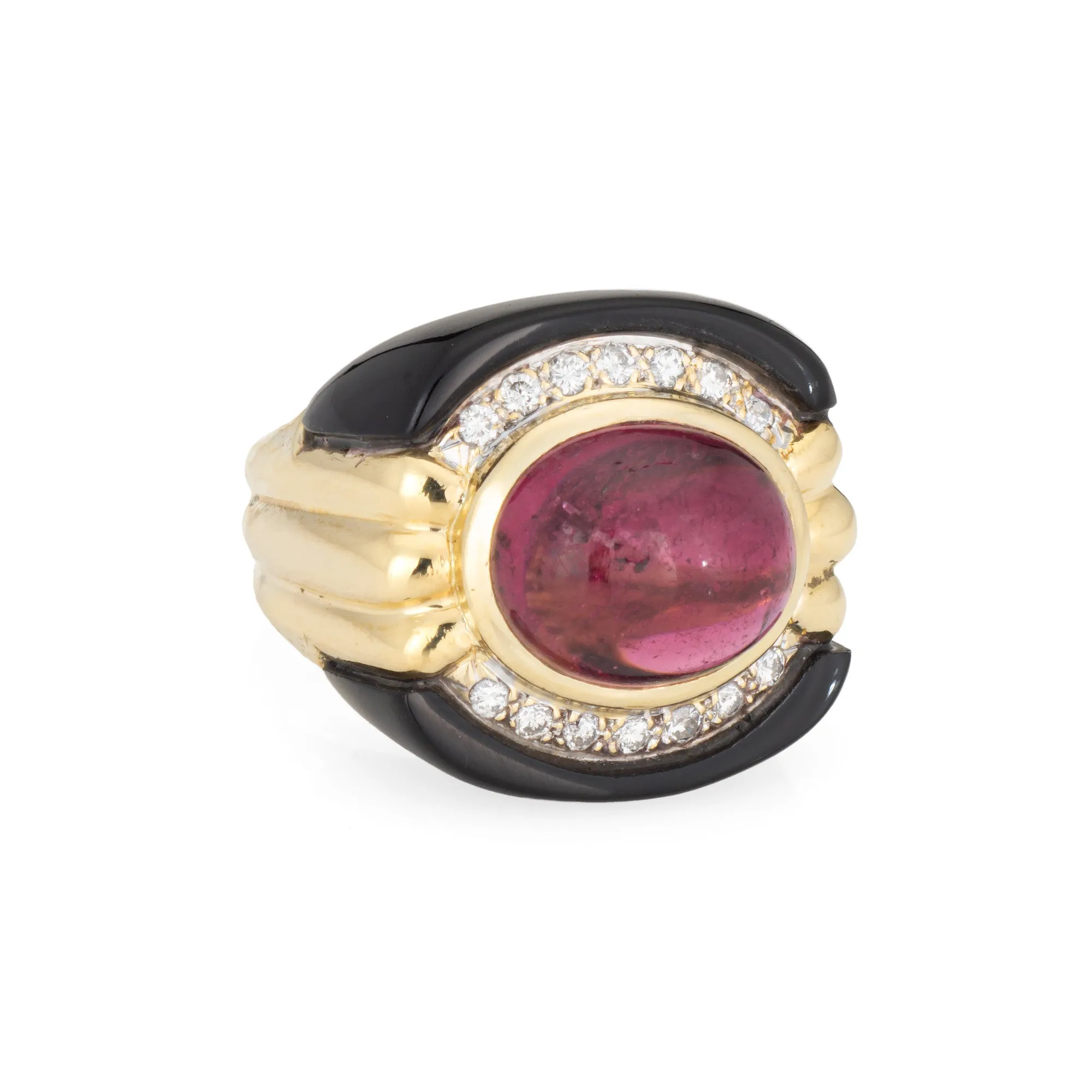 80s Pink Tourmaline Onyx Diamond Ring Sz 7.5 Vintage 18k Gold Fine Jewelry