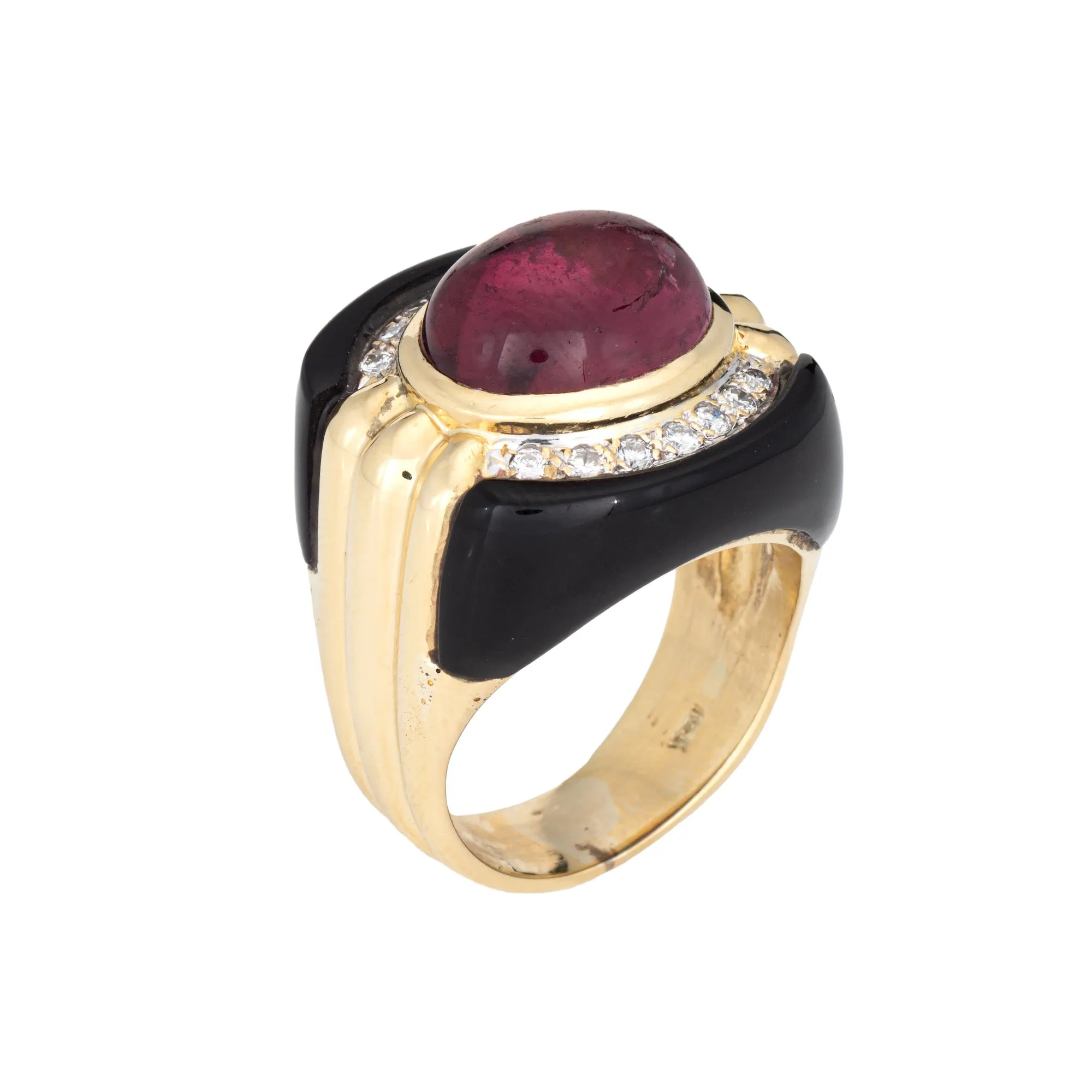 80s Pink Tourmaline Onyx Diamond Ring Sz 7.5 Vintage 18k Gold Fine Jewelry