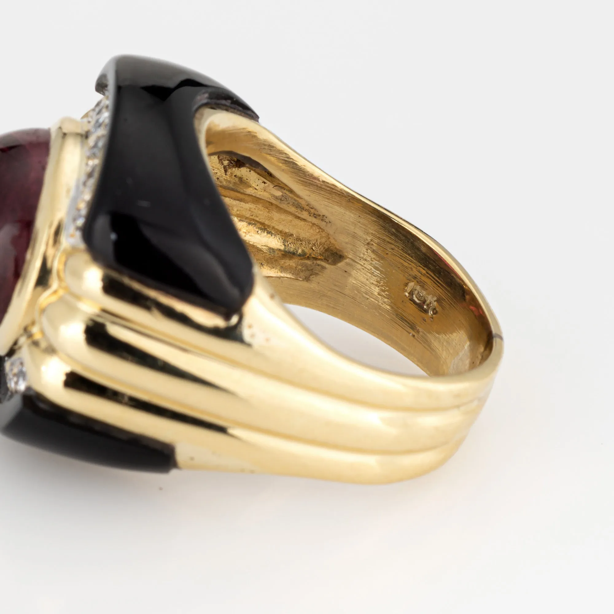 80s Pink Tourmaline Onyx Diamond Ring Sz 7.5 Vintage 18k Gold Fine Jewelry