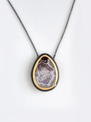 Agate Geode Necklace With Floating Herkimer Diamond