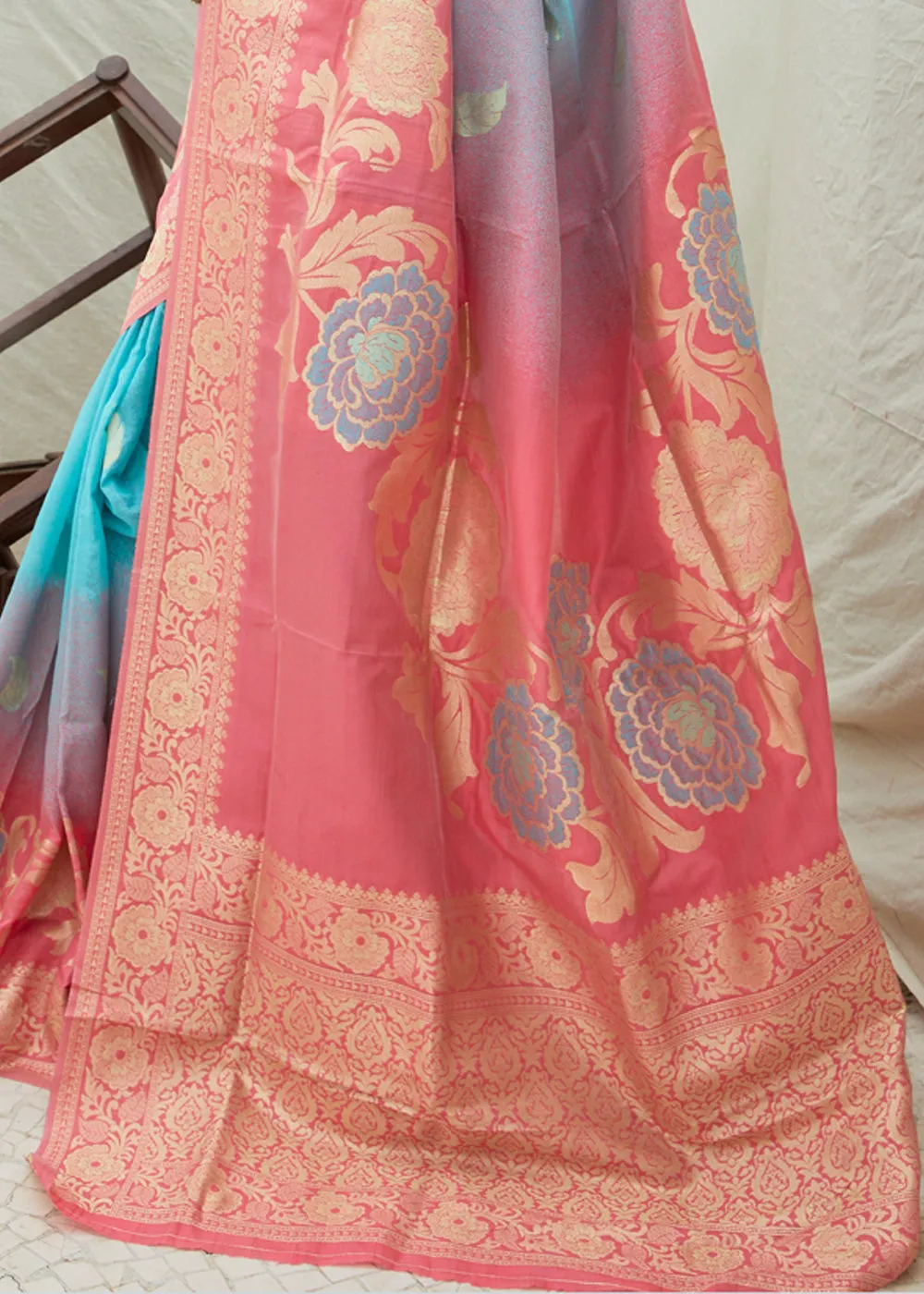 Alluring Blue And Pink Gorgeous Shaded Woven Banarasi Saree