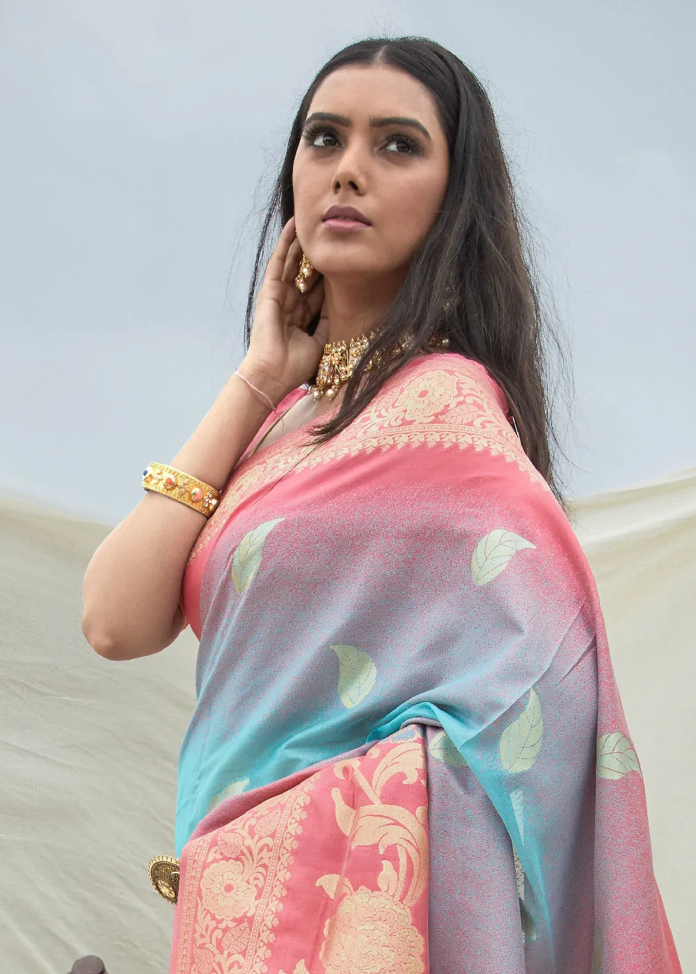 Alluring Blue And Pink Gorgeous Shaded Woven Banarasi Saree
