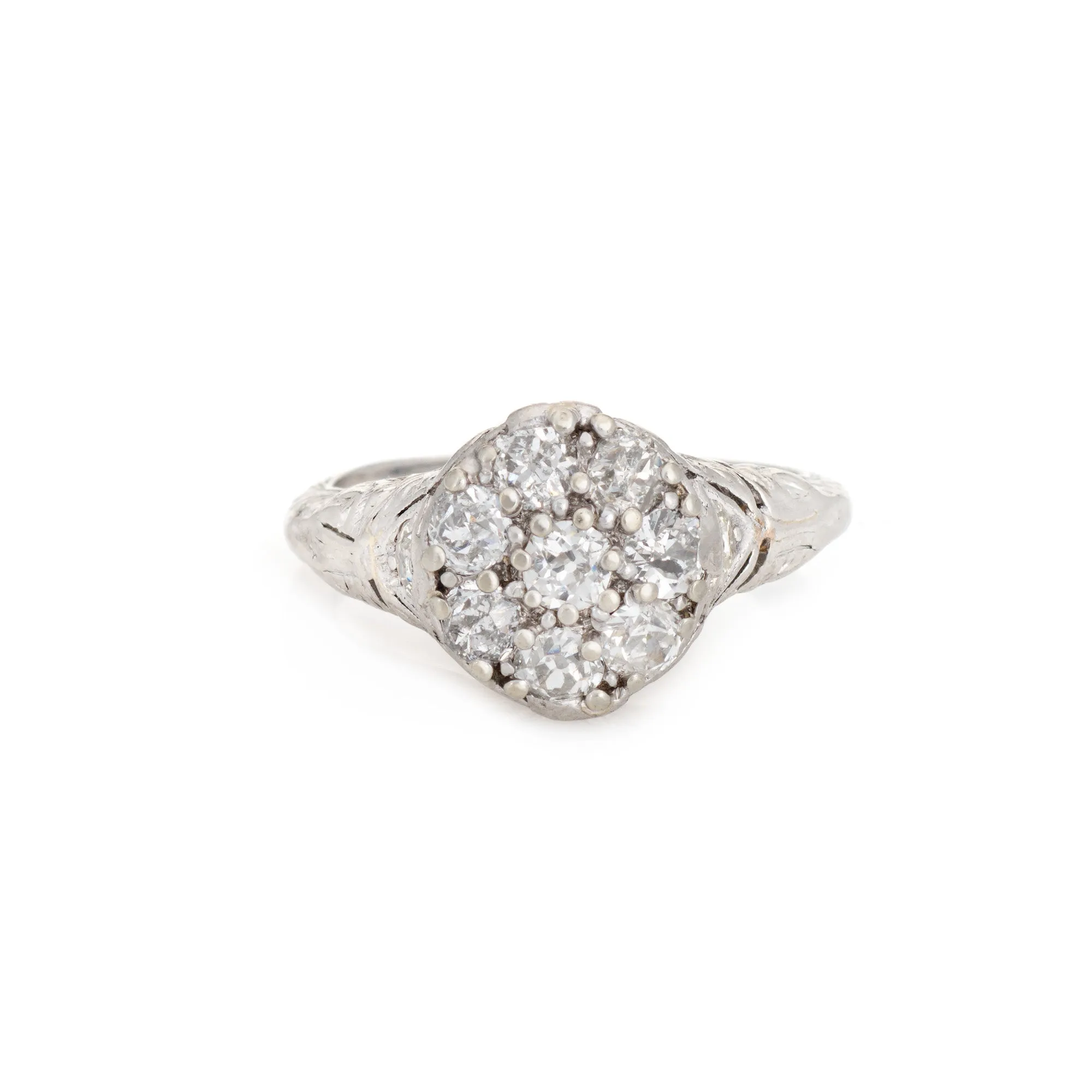 Antique Edwardian Diamond Cluster Ring Platinum Sz 4.75 Round Cocktail Jewelry