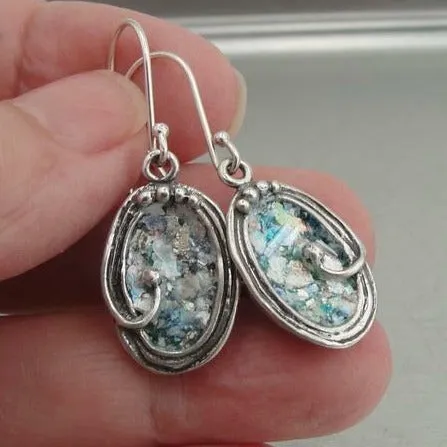 Antique Roman Glass Earrings 925 Sterling Silver Handmade Hadar Designers (as