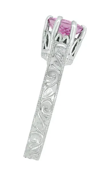 Art Deco Filigree Crown Solitaire 1 Carat Pink Sapphire Engraved Engagement Ring in 18 Karat White Gold