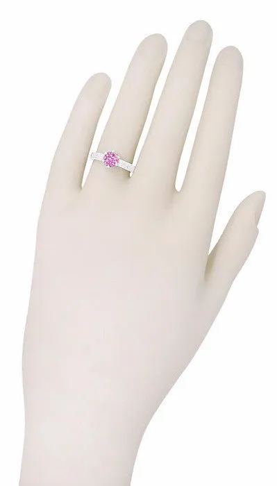 Art Deco Filigree Crown Solitaire 1 Carat Pink Sapphire Engraved Engagement Ring in 18 Karat White Gold