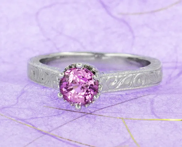 Art Deco Filigree Crown Solitaire 1 Carat Pink Sapphire Engraved Engagement Ring in 18 Karat White Gold