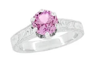Art Deco Filigree Crown Solitaire 1 Carat Pink Sapphire Engraved Engagement Ring in 18 Karat White Gold