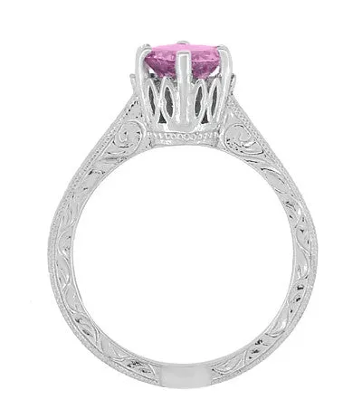 Art Deco Filigree Crown Solitaire 1 Carat Pink Sapphire Engraved Engagement Ring in 18 Karat White Gold