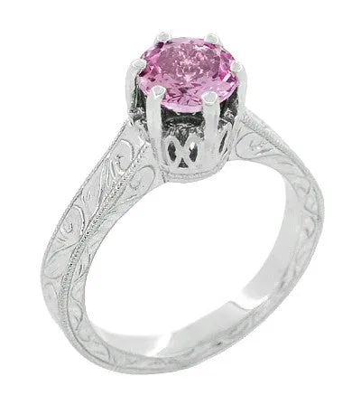 Art Deco Filigree Crown Solitaire 1 Carat Pink Sapphire Engraved Engagement Ring in 18 Karat White Gold