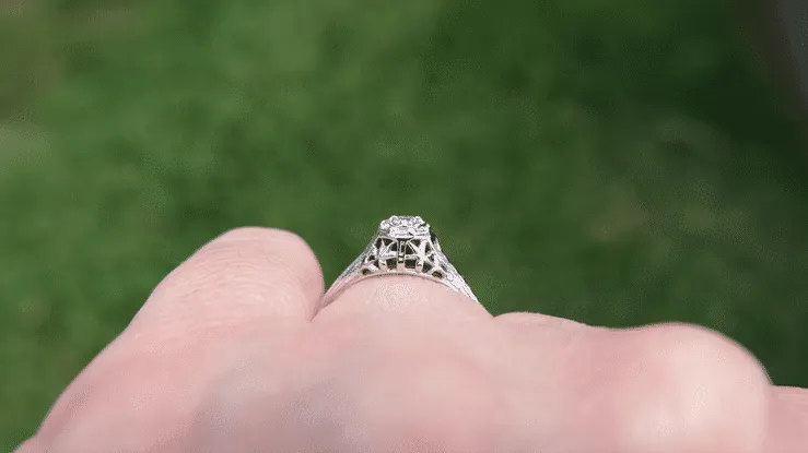Art Deco Filigree Petite Diamond Ring in 14 Karat White Gold