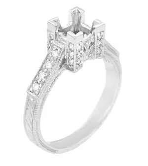 Art Deco Princess Cut Castle Engagement Ring Setting in Platinum for a 1.00 to 1.30 Carat Square Diamond