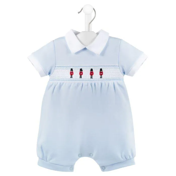 Baby Boys Blue And White Little Soldier Smocked Romper