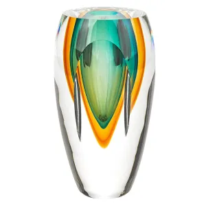 Badash J514 Rimini Murano Style Art Glass Amber & Green Vase, 6.5" x 3.75" x 3.75"