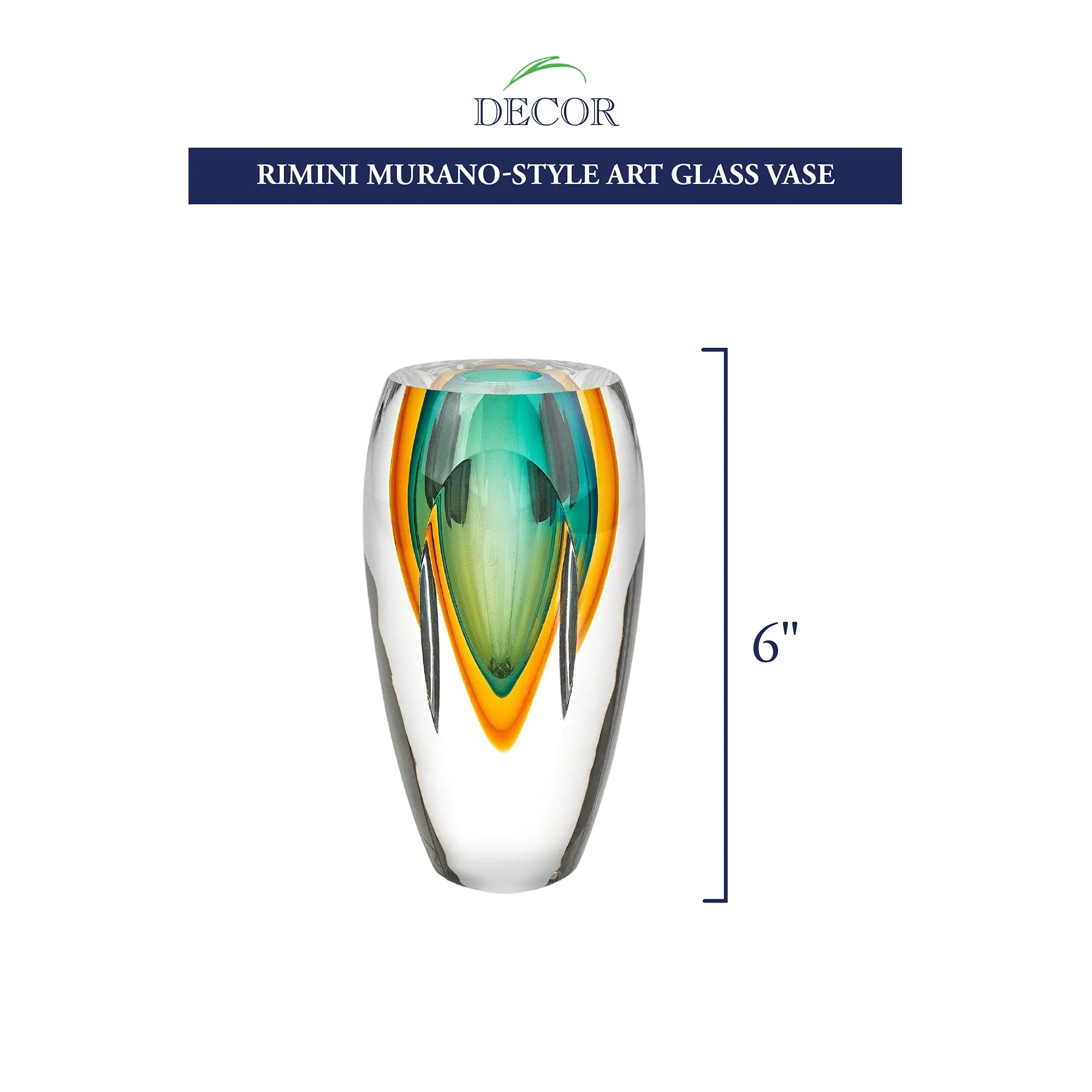 Badash J514 Rimini Murano Style Art Glass Amber & Green Vase, 6.5" x 3.75" x 3.75"