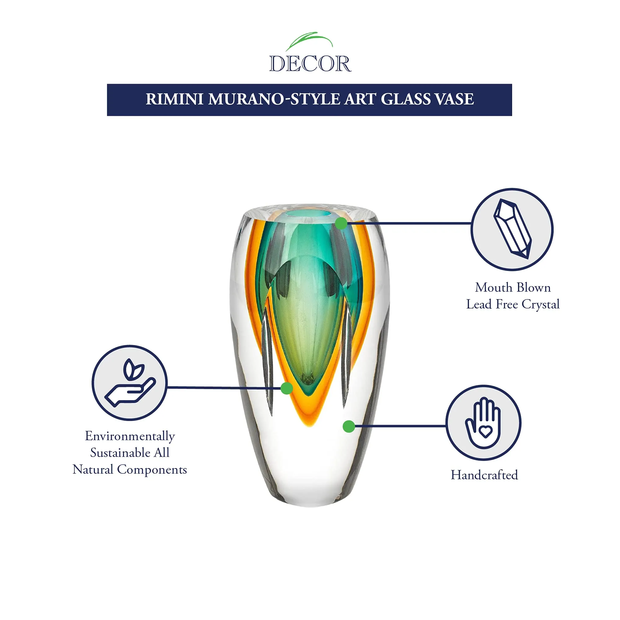 Badash J514 Rimini Murano Style Art Glass Amber & Green Vase, 6.5" x 3.75" x 3.75"