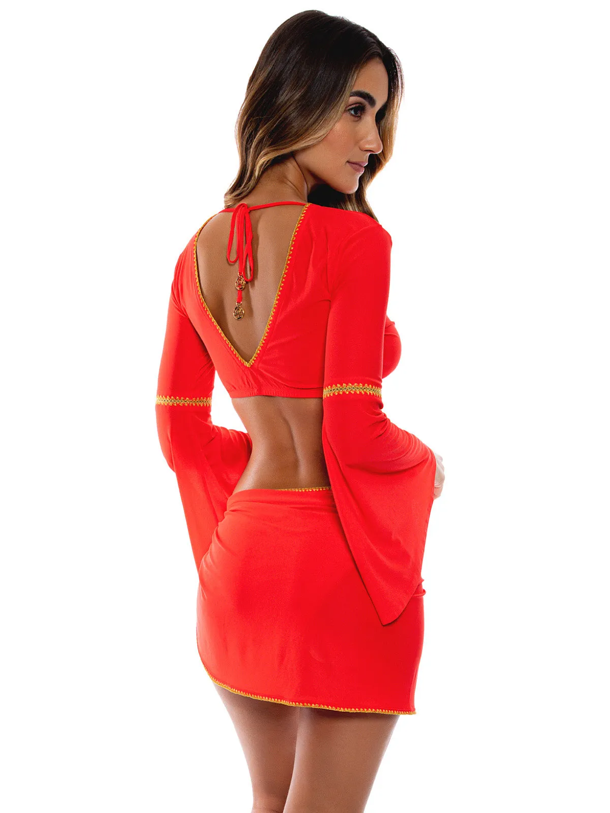 Bell Sleeve Crop-Ruffle Sarong Mini Skirt