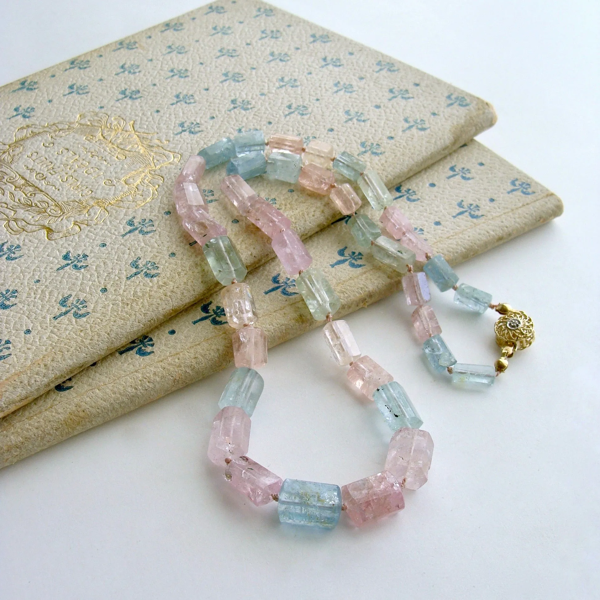 Beryl Aquamarine Morganite Necklace With 14k Gold Diamond Filigree Clasp - Belle Necklace