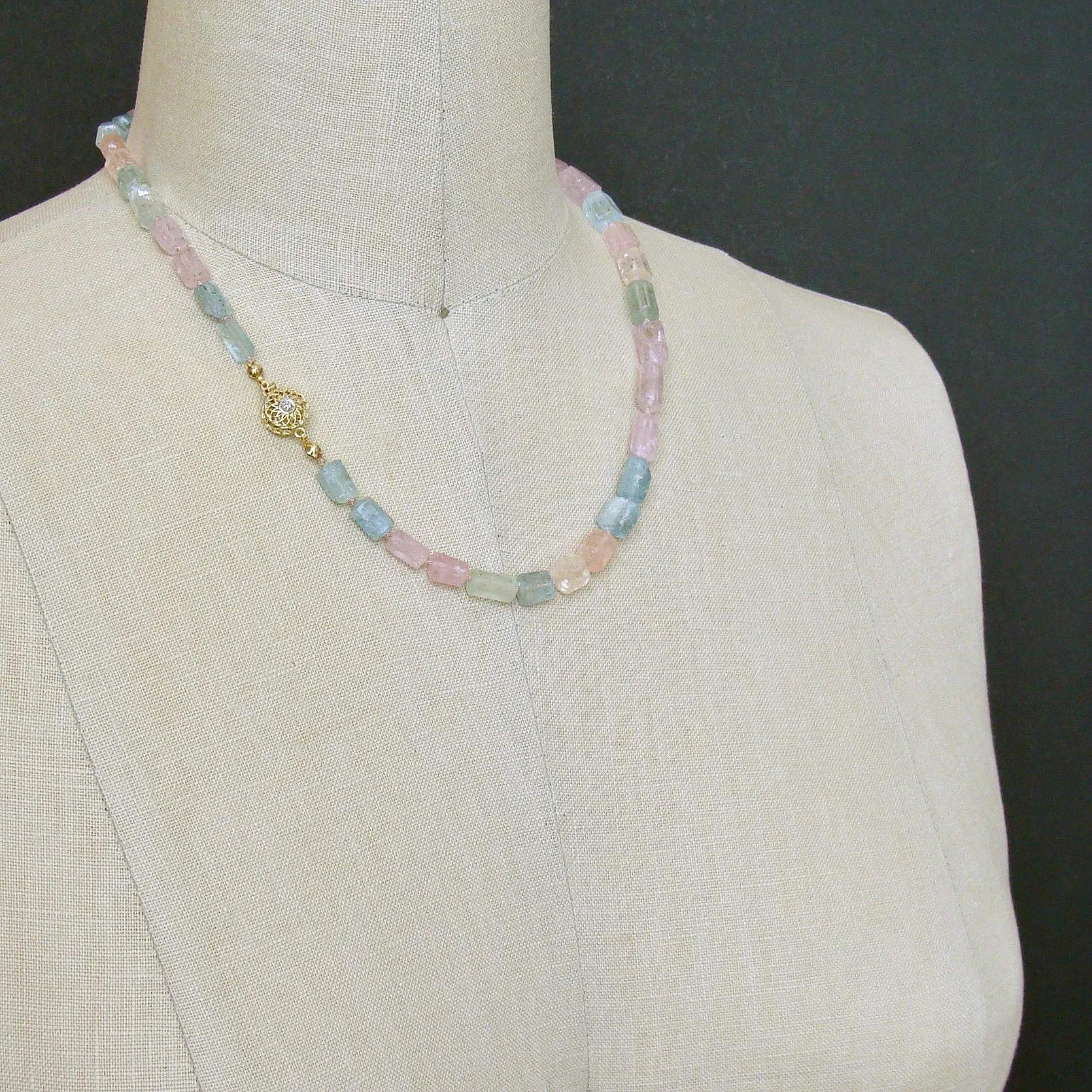 Beryl Aquamarine Morganite Necklace With 14k Gold Diamond Filigree Clasp - Belle Necklace