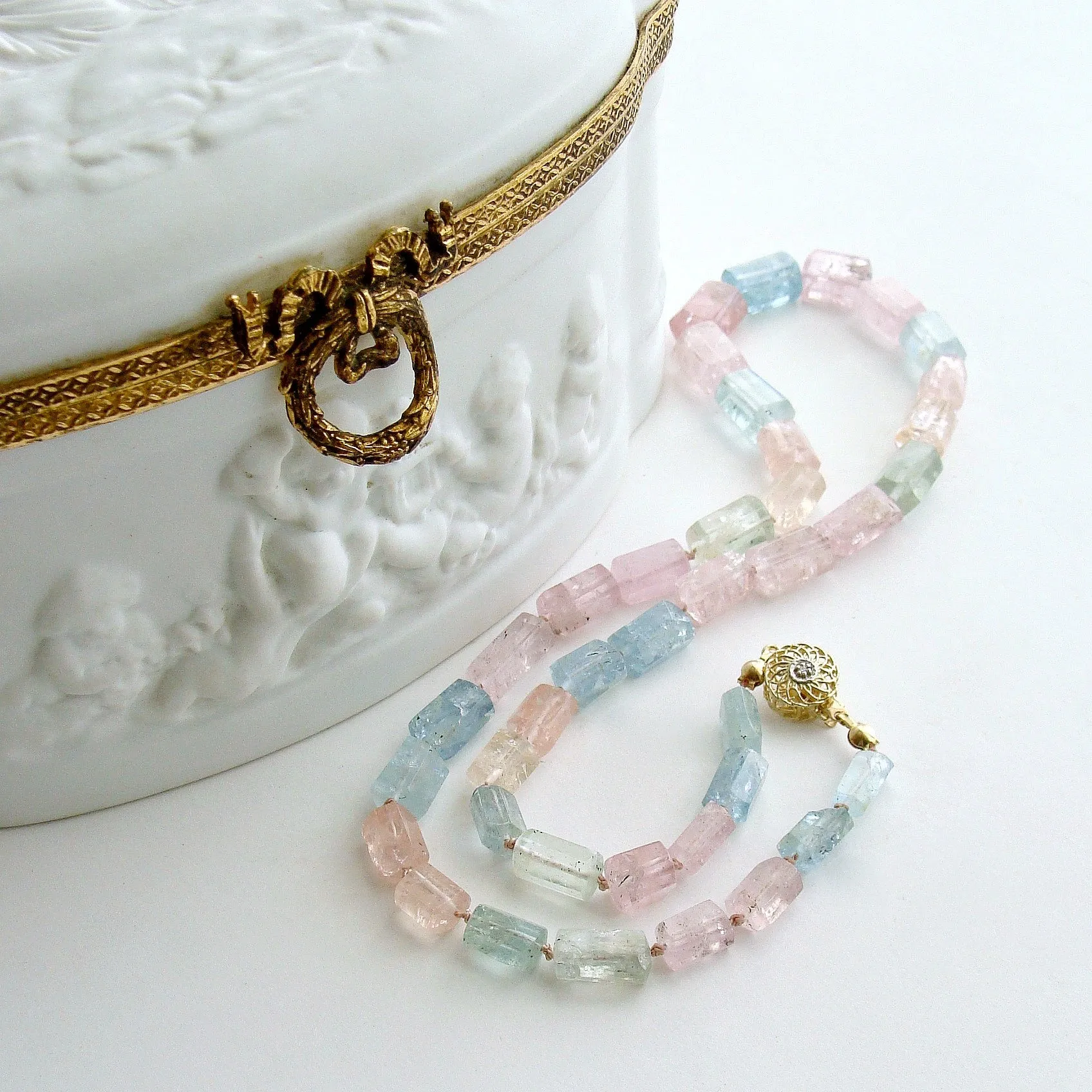 Beryl Aquamarine Morganite Necklace With 14k Gold Diamond Filigree Clasp - Belle Necklace