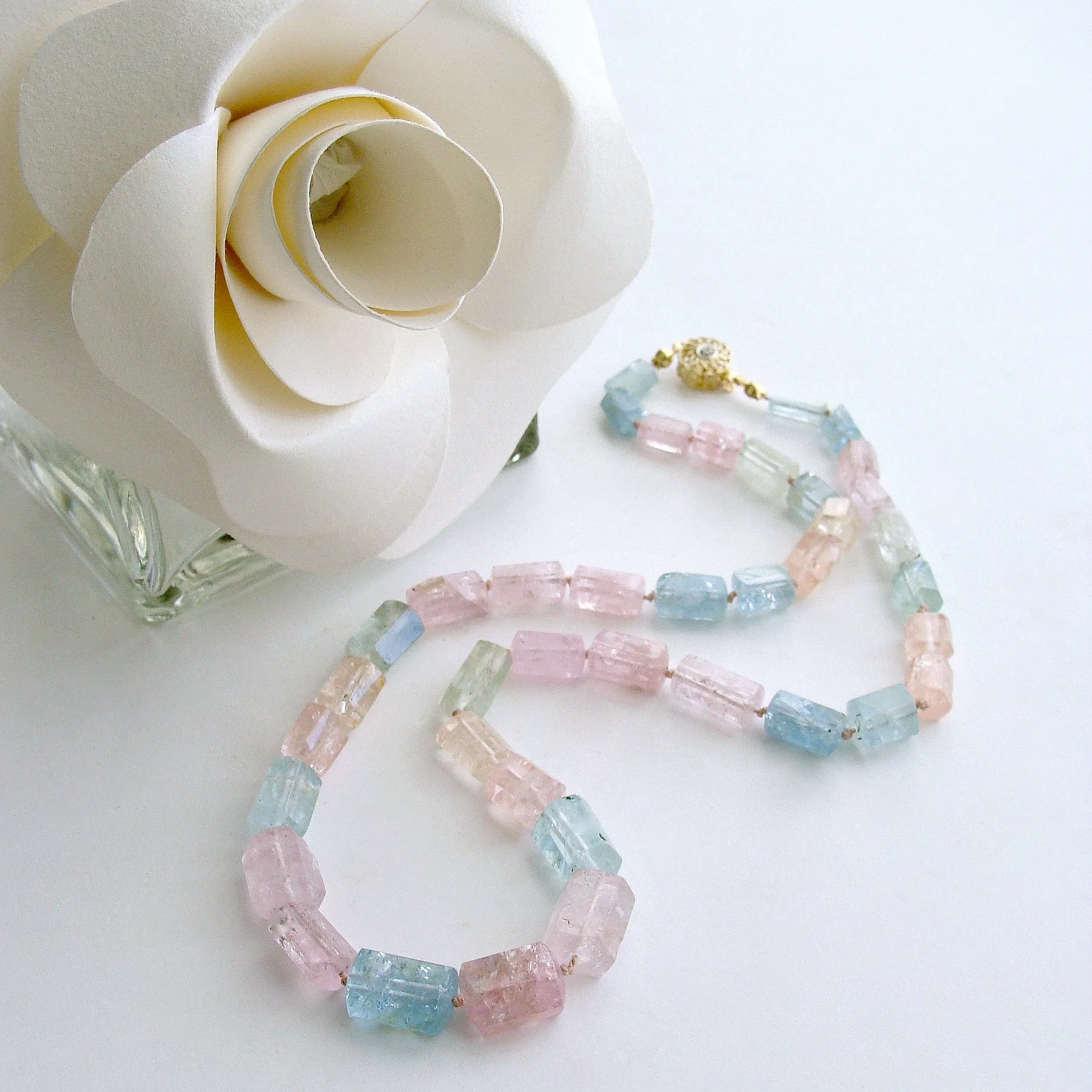 Beryl Aquamarine Morganite Necklace With 14k Gold Diamond Filigree Clasp - Belle Necklace
