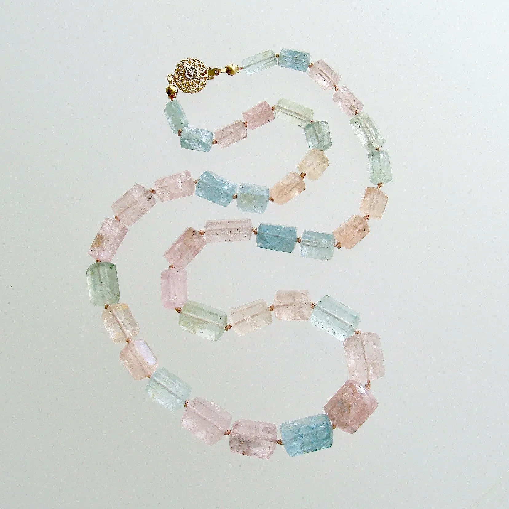 Beryl Aquamarine Morganite Necklace With 14k Gold Diamond Filigree Clasp - Belle Necklace