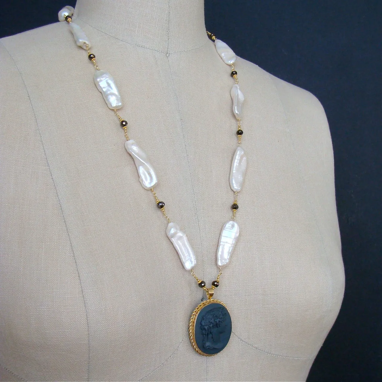 Biwa Pearls Pyrite Basalt Cameo Pendant Necklace - Florentina Necklace