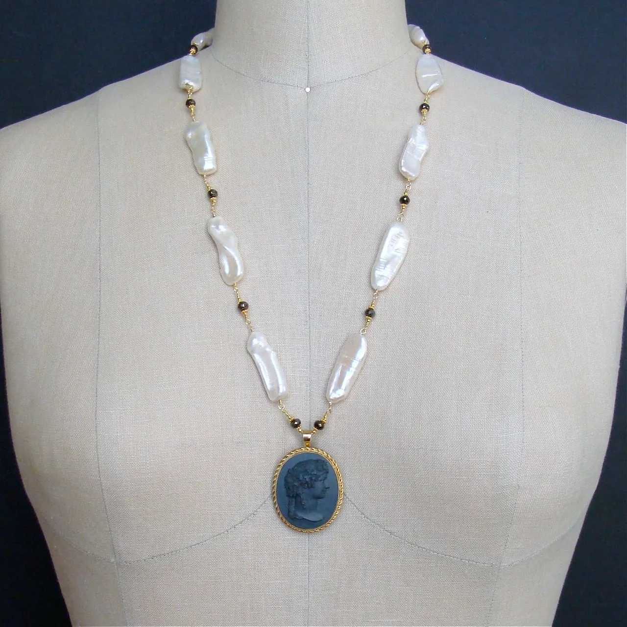 Biwa Pearls Pyrite Basalt Cameo Pendant Necklace - Florentina Necklace