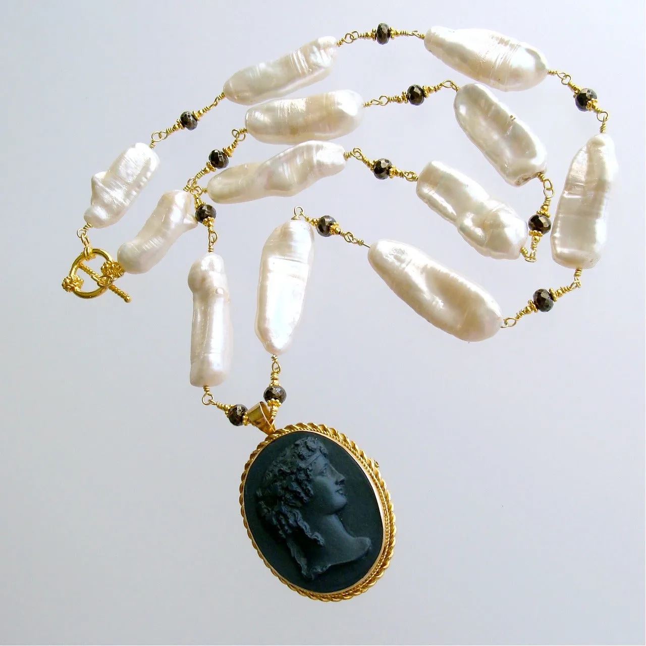 Biwa Pearls Pyrite Basalt Cameo Pendant Necklace - Florentina Necklace