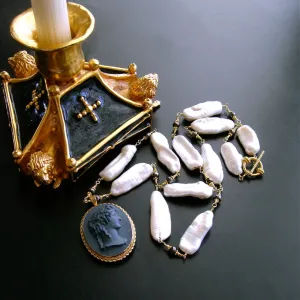 Biwa Pearls Pyrite Basalt Cameo Pendant Necklace - Florentina Necklace