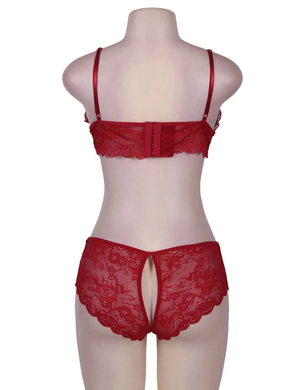 Black & Red Lace Crotchless Booty Short Bra Set
