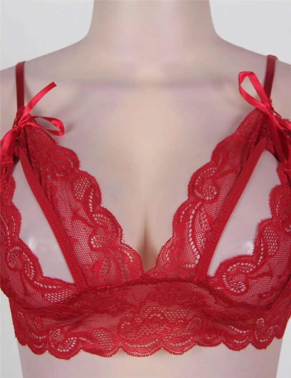 Black & Red Lace Crotchless Booty Short Bra Set