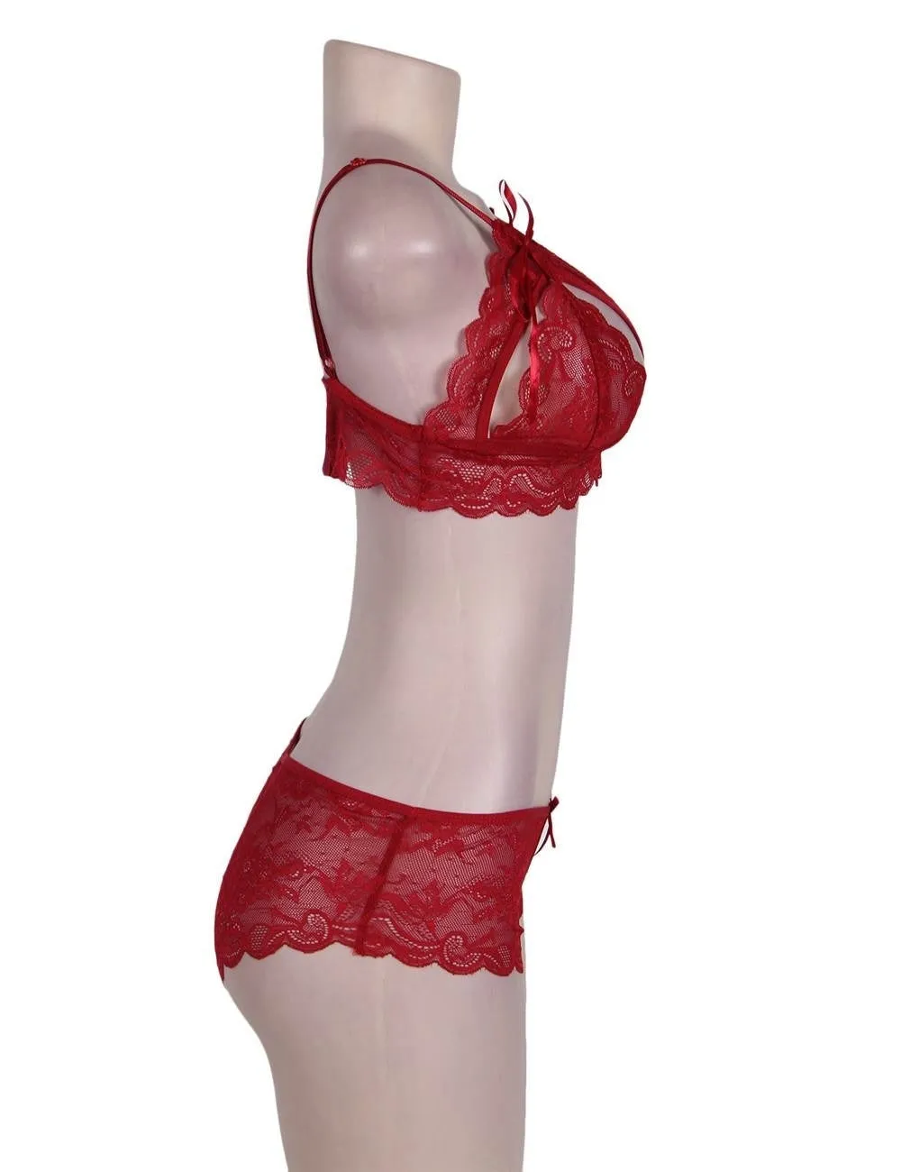 Black & Red Lace Crotchless Booty Short Bra Set