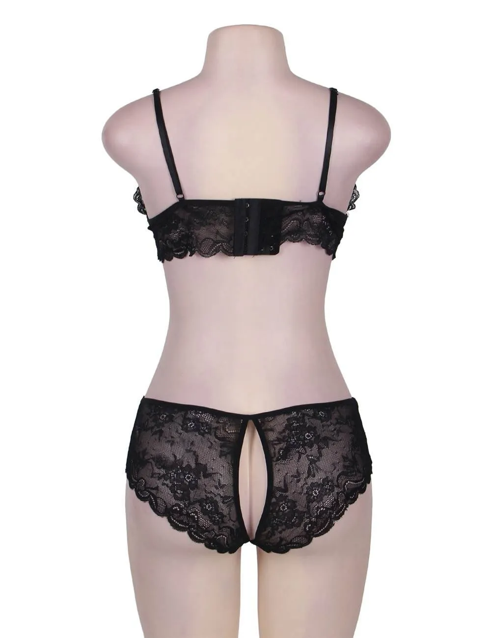 Black & Red Lace Crotchless Booty Short Bra Set