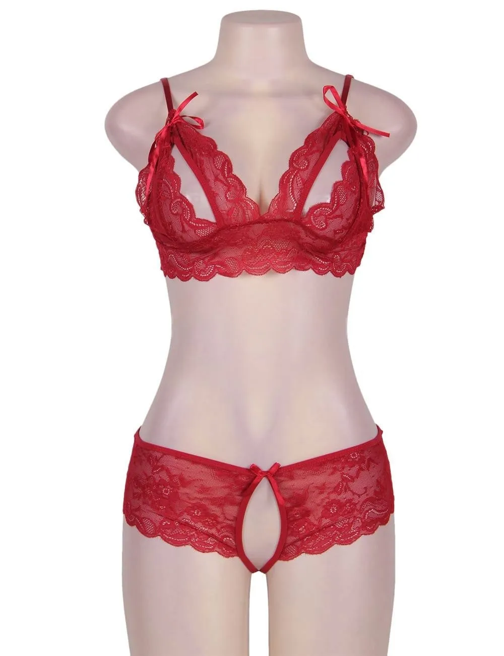 Black & Red Lace Crotchless Booty Short Bra Set