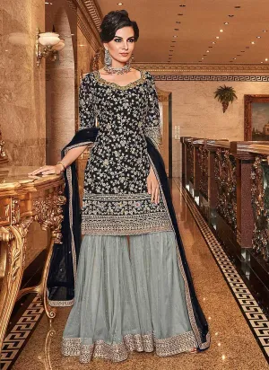 Black and Grey Embroidered Sharara Style Suit