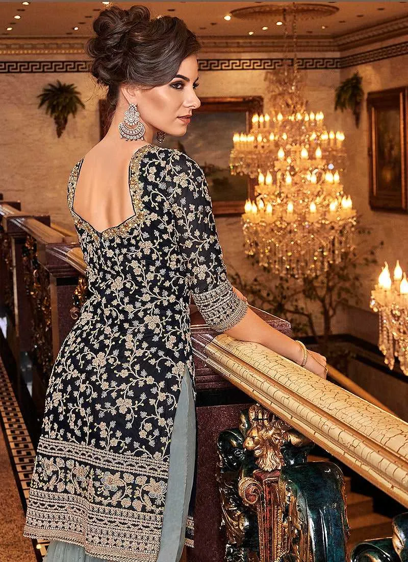 Black and Grey Embroidered Sharara Style Suit