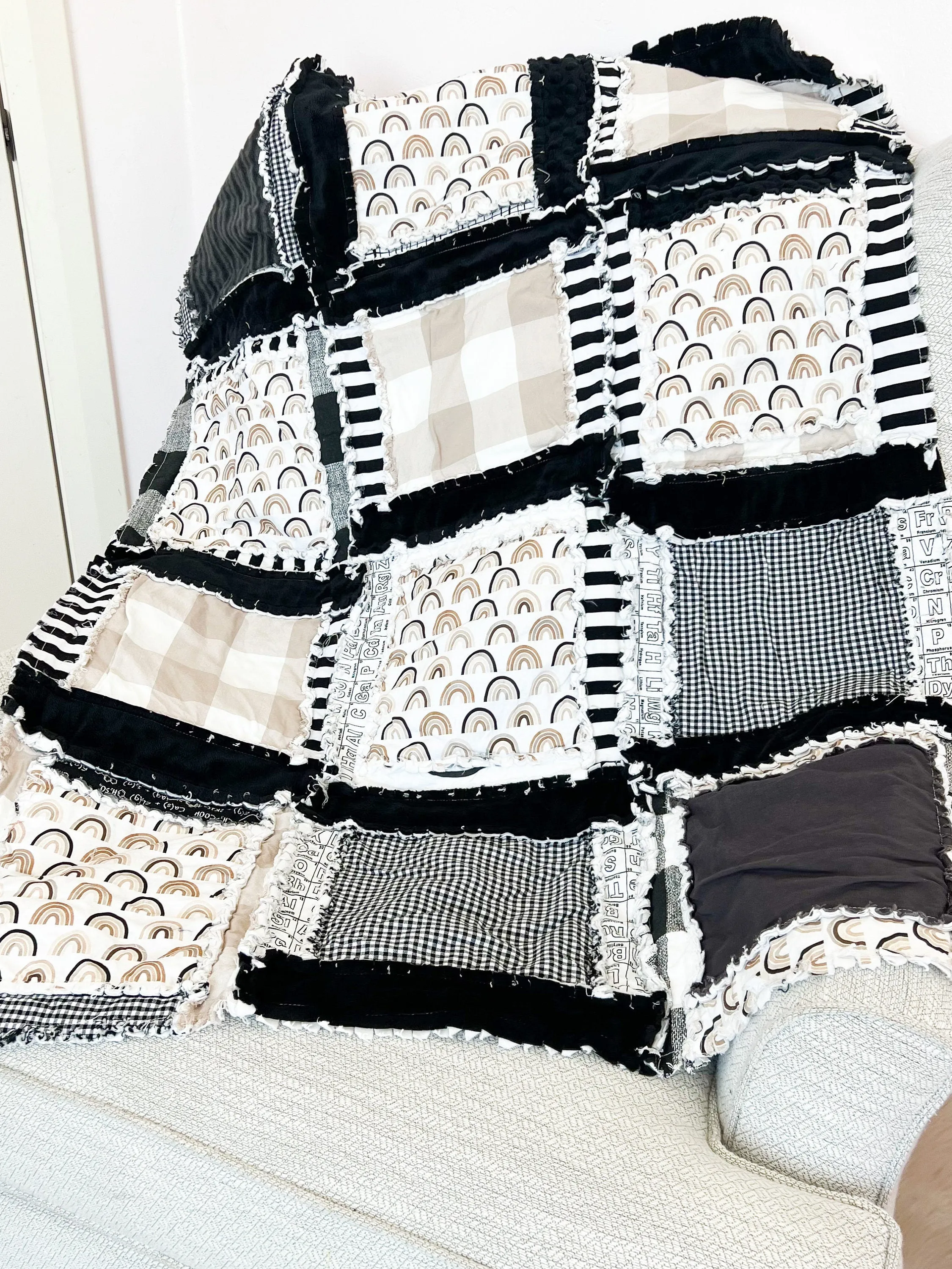 Black and White Rainbow Baby Quilt Bedspreads, Neutral Baby Quilts, Baby Girl Quilts and Boy Nursery Bedding