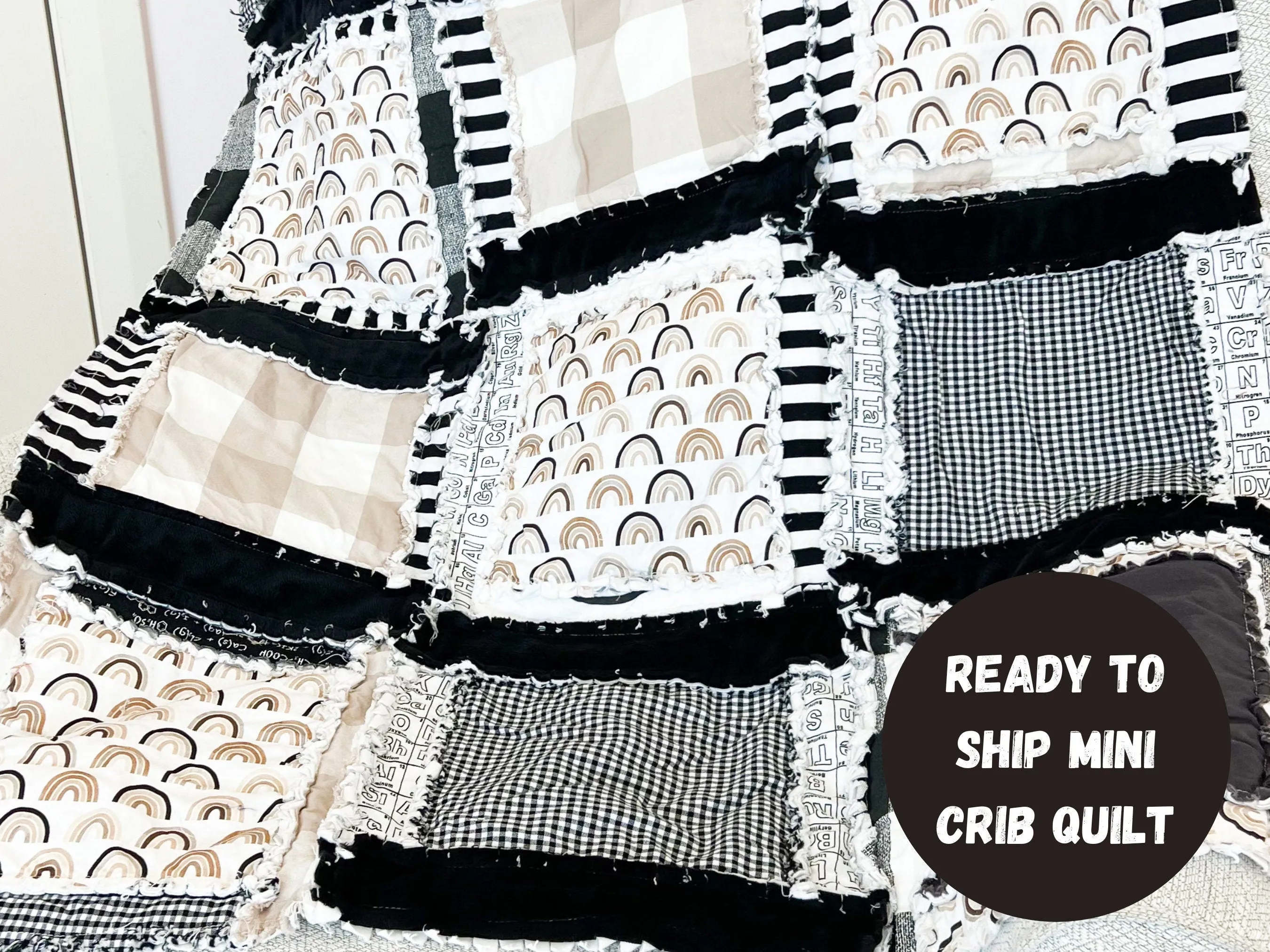 Black and White Rainbow Mini Crib Baby Quilt Bedspreads, Neutral Quick Ship Quilts, Baby Girl Quilts and Boys