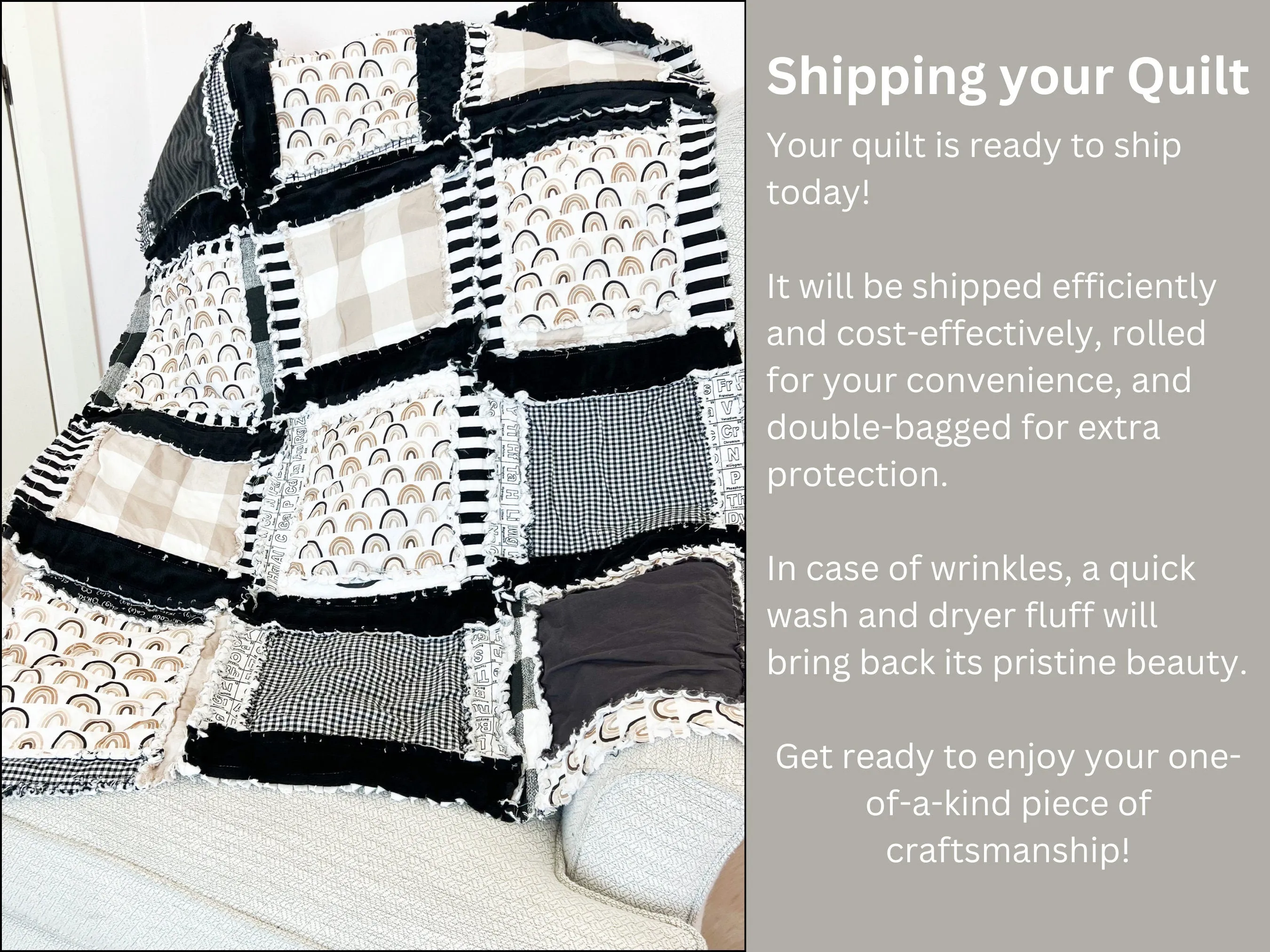 Black and White Rainbow Mini Crib Baby Quilt Bedspreads, Neutral Quick Ship Quilts, Baby Girl Quilts and Boys