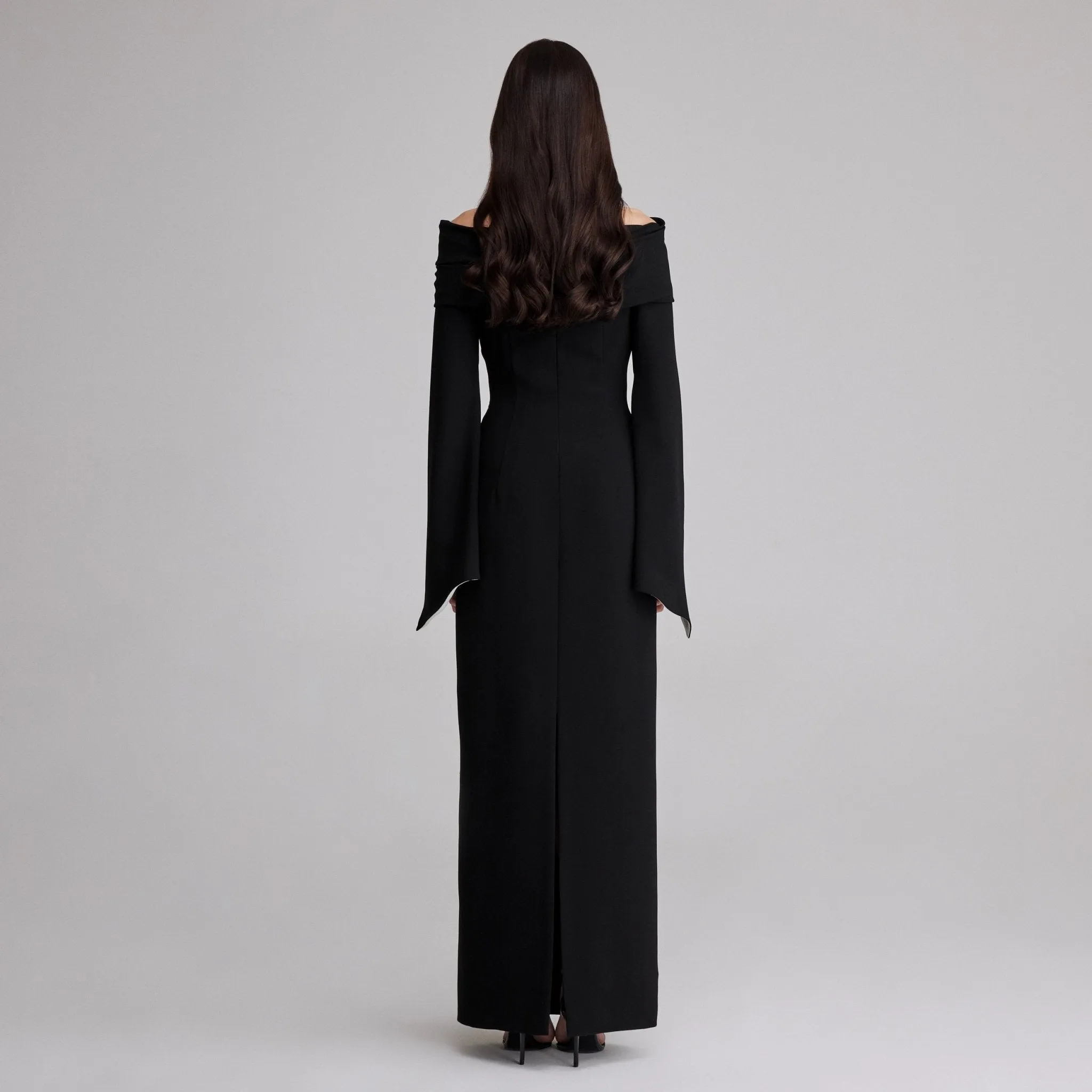 Black Draped Off-Shoulder Crepe Maxi Dress