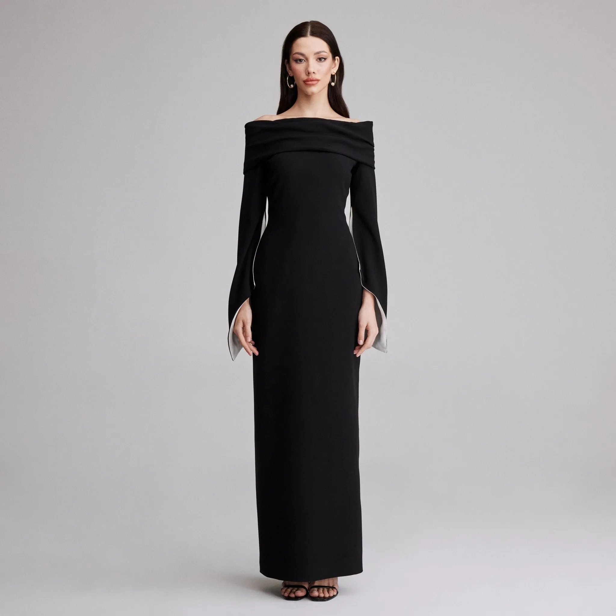 Black Draped Off-Shoulder Crepe Maxi Dress