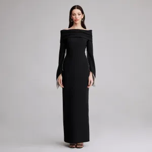Black Draped Off-Shoulder Crepe Maxi Dress